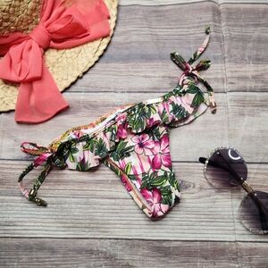 Floral Tropical Pink Green Cheeky Ruffle Bikini Bottom